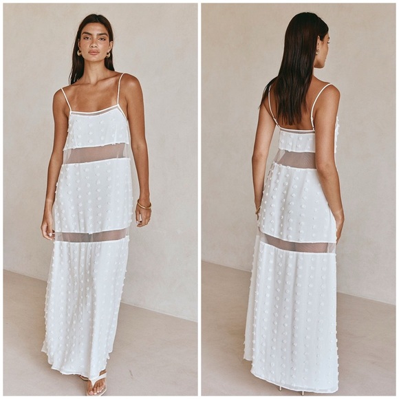 ☀️ [PRICE FIRM] SABO Miliano Illusion Mesh Panel Dot Textured Maxi Dress White - Picture 2 of 15